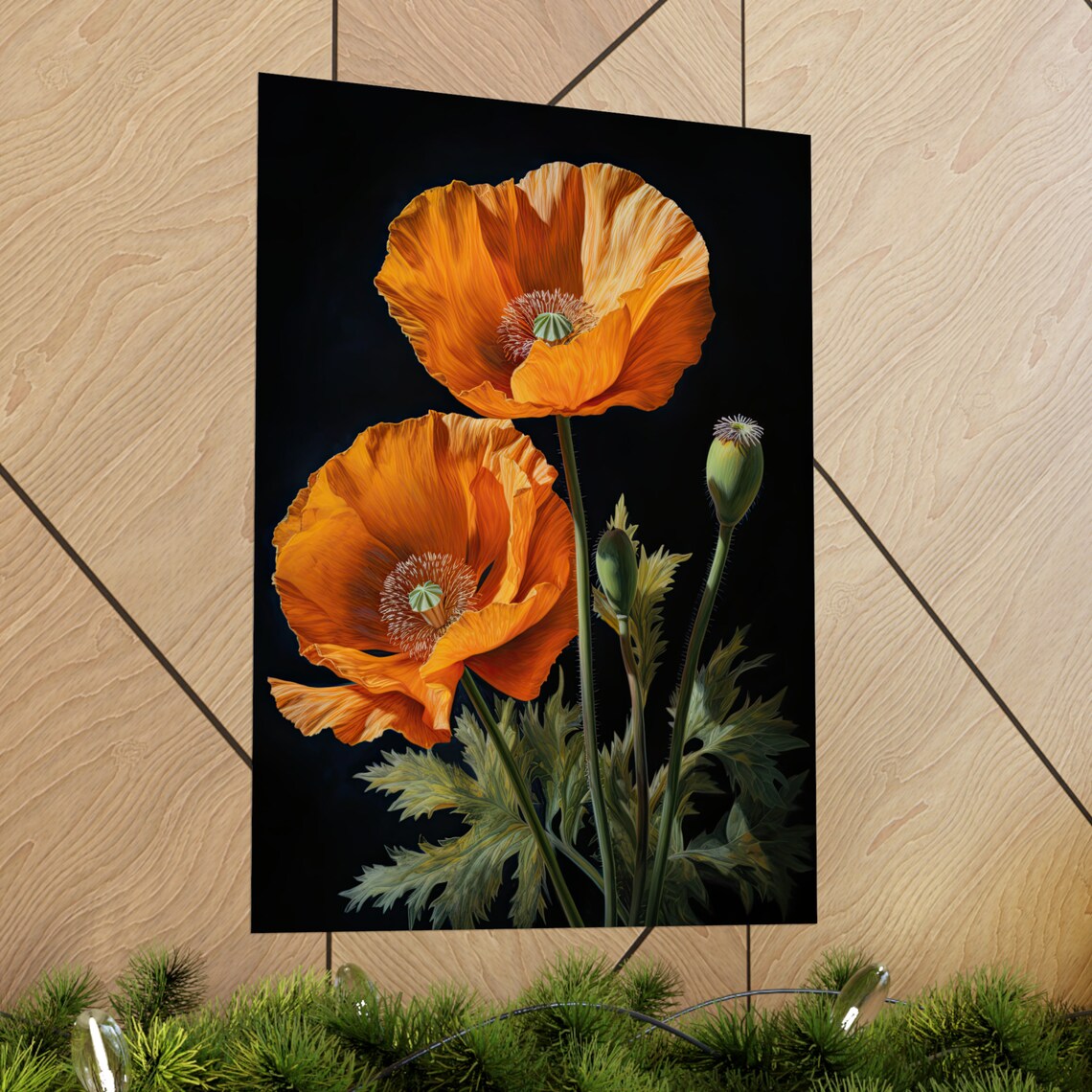 California Poppy Vivid Orange Blooms Buds Dark Floral Painting Poster - Image 2
