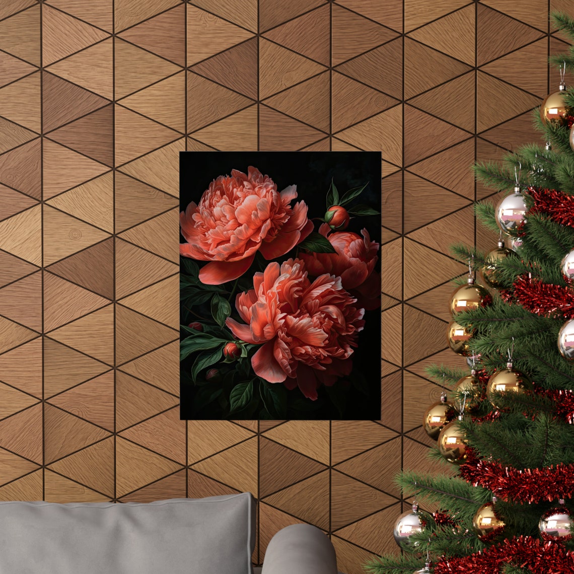 Coral Peony Blossom Dark Moody Botanical Still Life Art Poster - Image 3