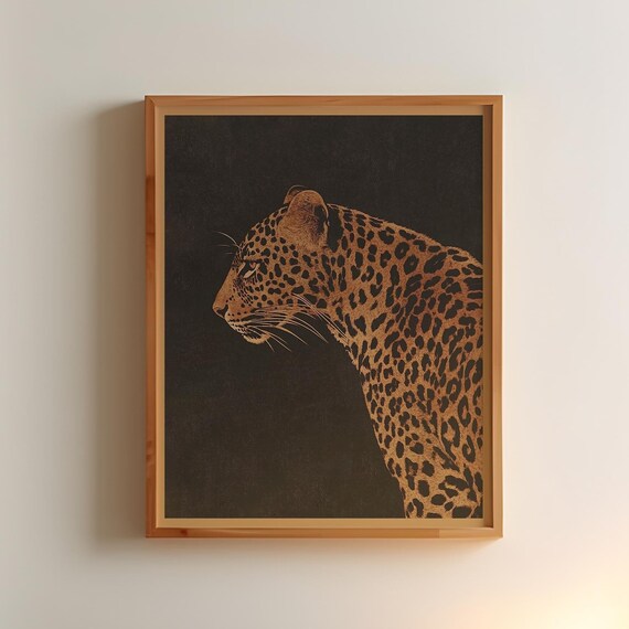 Vintage Leopard on Black Background, Safari Animal Art Print