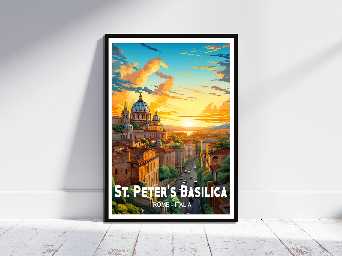 St Peters Basilica Rome Sunset Dome Vintage Italy Travel Poster