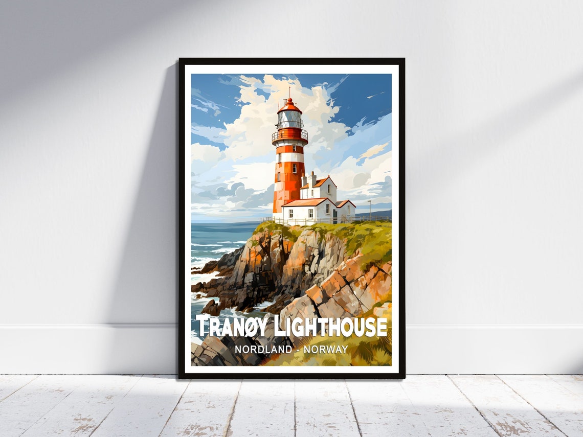Tranoy Lighthouse Norway Coastal Cliffs Sunset Travel Poster