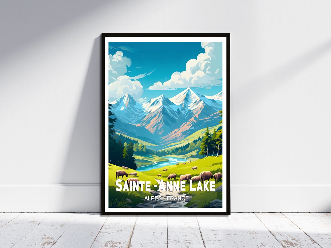 Sainte Anne Lake Alpine Meadow Cows Vintage France Travel Poster