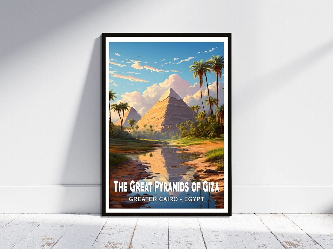 Great Pyramids of Giza Palm Oasis Sunset Vintage Travel Poster