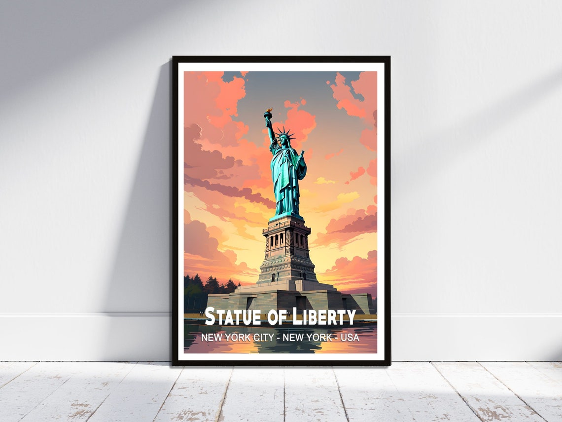 Statue of Liberty New York Sunset Torch Vintage Travel Poster