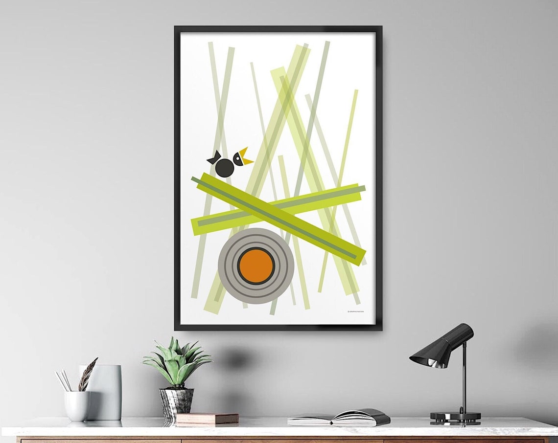 Geometric Bird in Tall Grass With Orange Sun Circle Art Poster