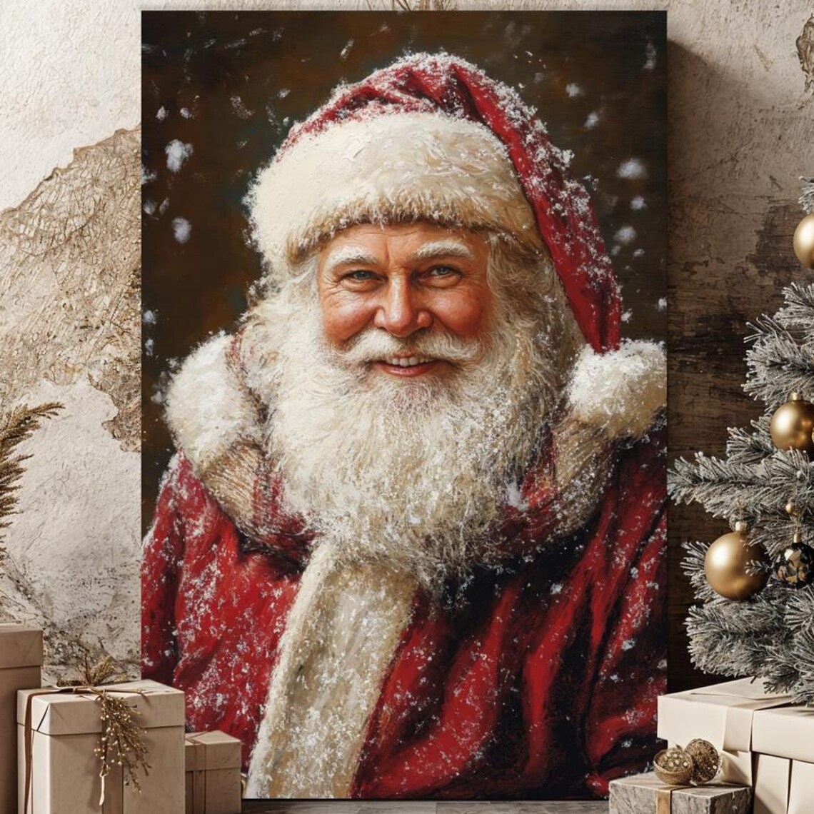 Realistic Smiling Santa Claus Portrait Snow Christmas Wall Art