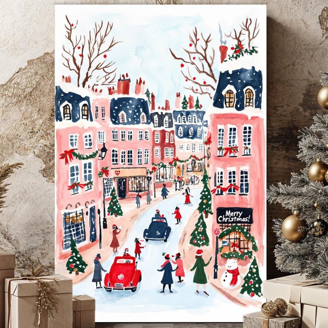Whimsical Christmas Street Scene Snowy Village Holiday Art Print