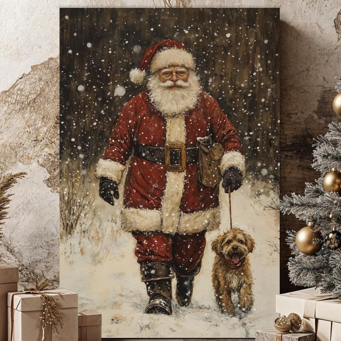 Santa Claus Walking Shaggy Dog in Snow Vintage Christmas Poster
