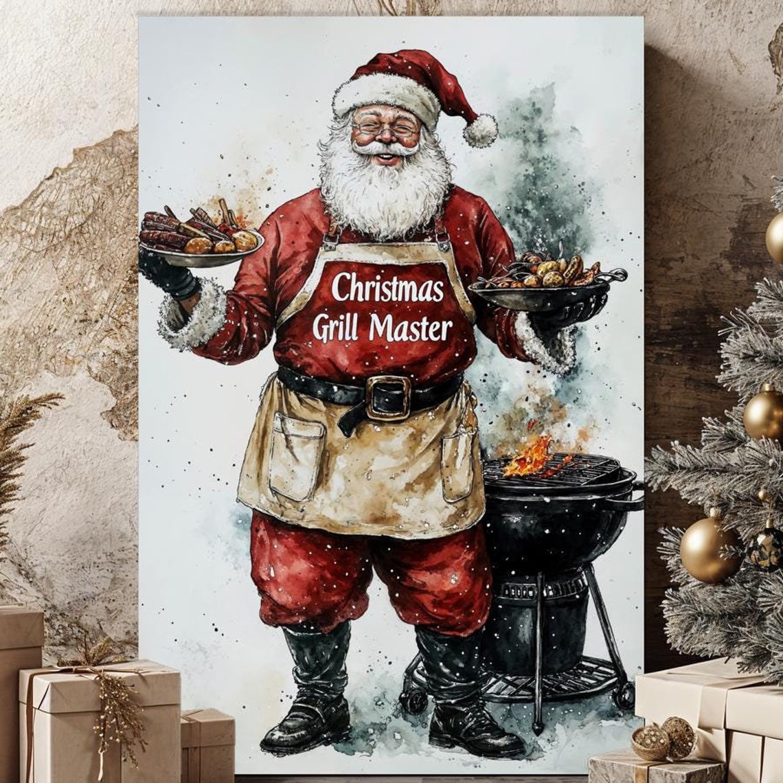 Christmas Grill Master Santa Claus BBQ Apron Funny Holiday Poster