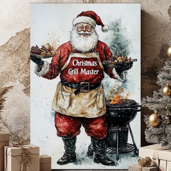 Santa Claus Grill Master Canvas Wall Art Festive Bbq Painting Print Christmas Decor Funny Chef Poster Ready To Hang Xmas Gift