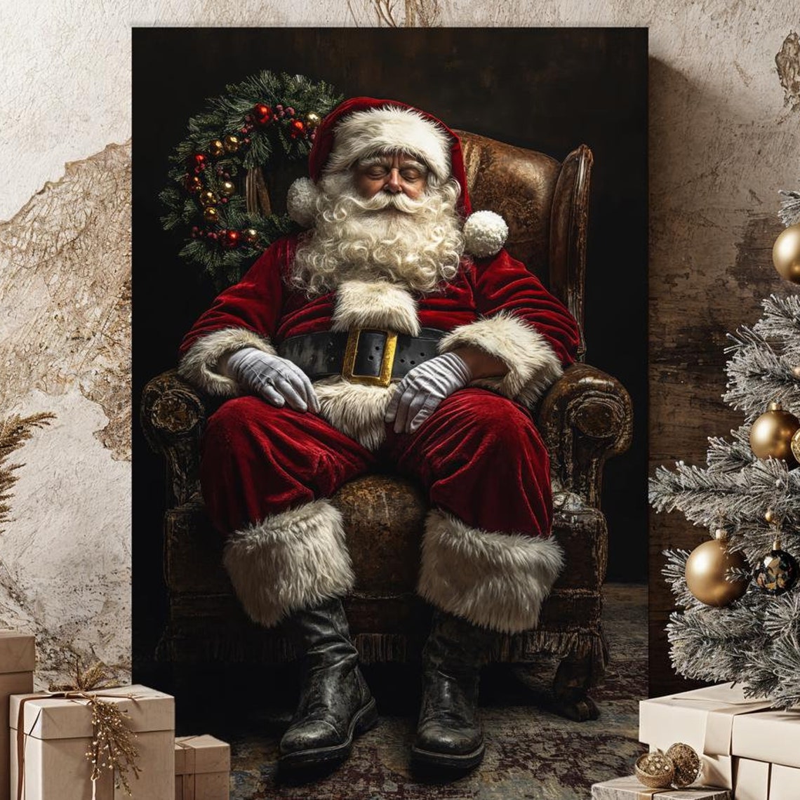 Sleeping Santa Claus Resting In Vintage Armchair Christmas Poster