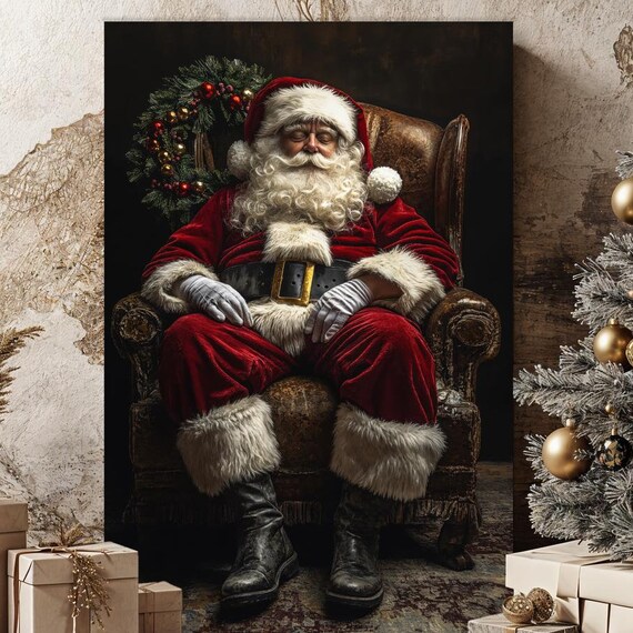 Sleeping Santa Claus Resting In Vintage Armchair Christmas Poster