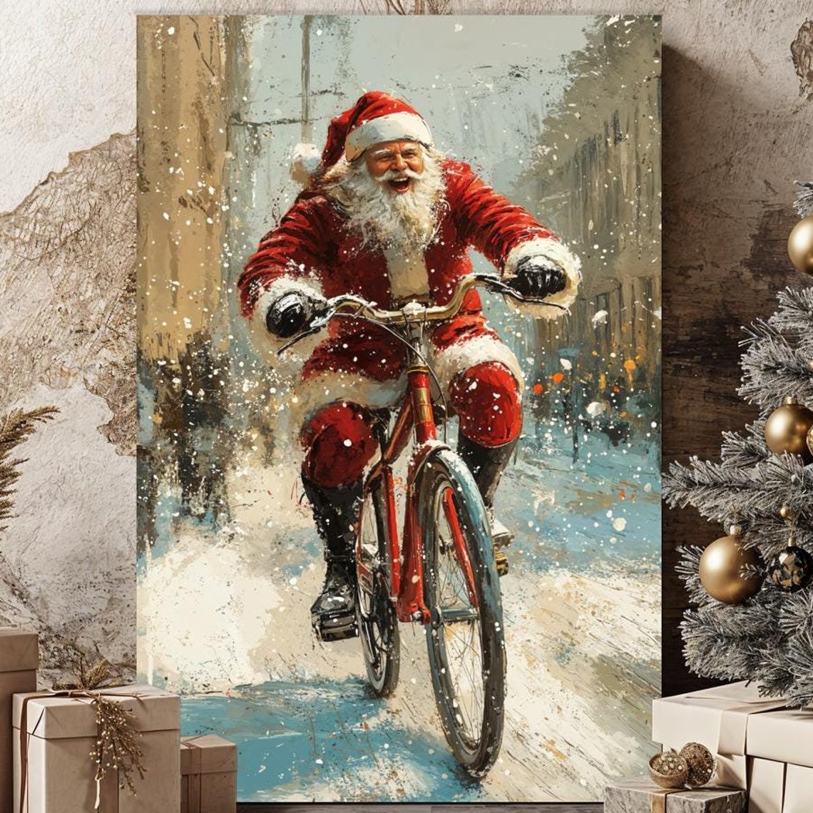 Joyful Santa Claus Riding Red Bicycle in Snow Christmas Poster