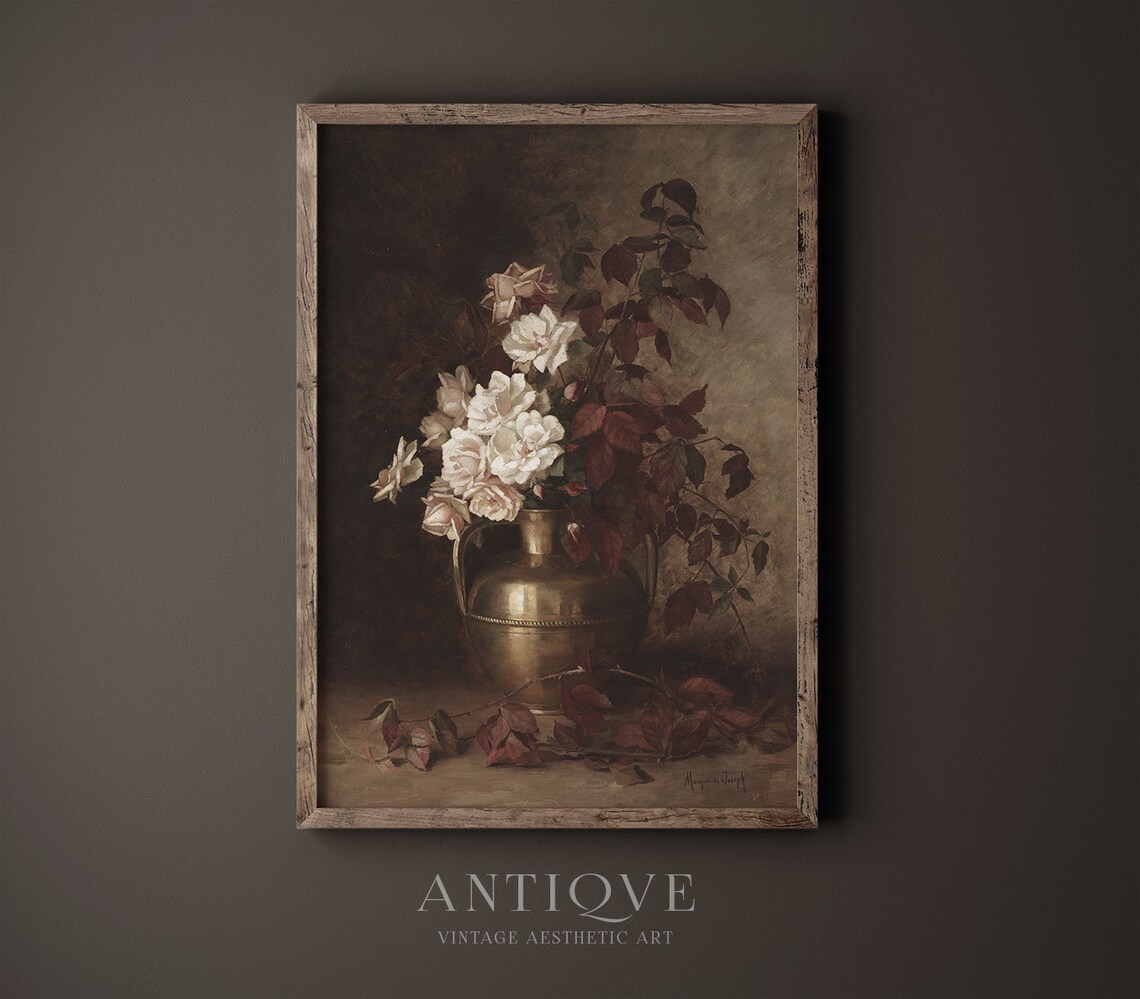 Moody Vintage Floral Still Life, White Roses Art Print - Image 2