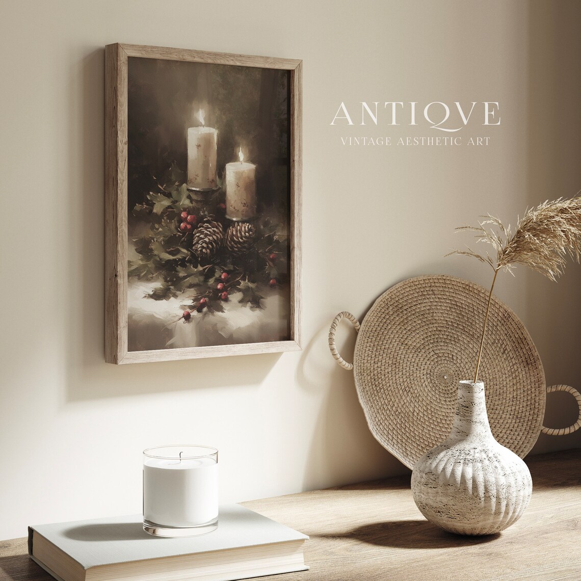 Christmas Candle Still Life, Rustic Holiday Art Print - Image 2