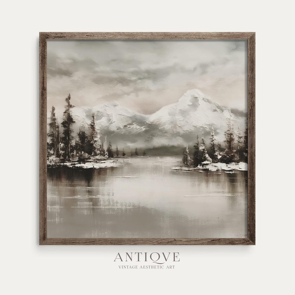 Textured Snowy Mountain Lake Pines Moody Winter Landscape Wall Art - Image 2