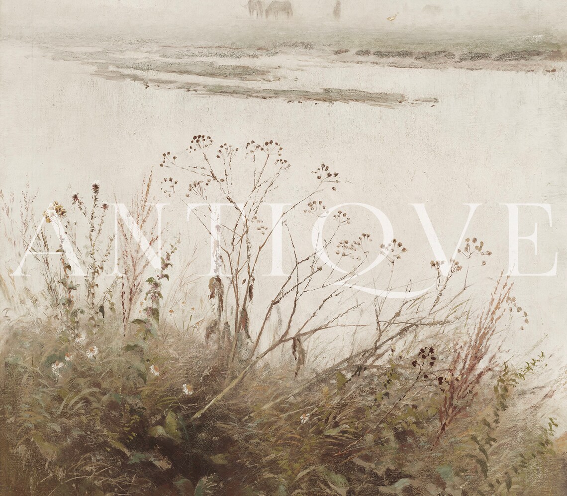 Neutral Wildflowers By The Water, Vintage Art Print - Image 2