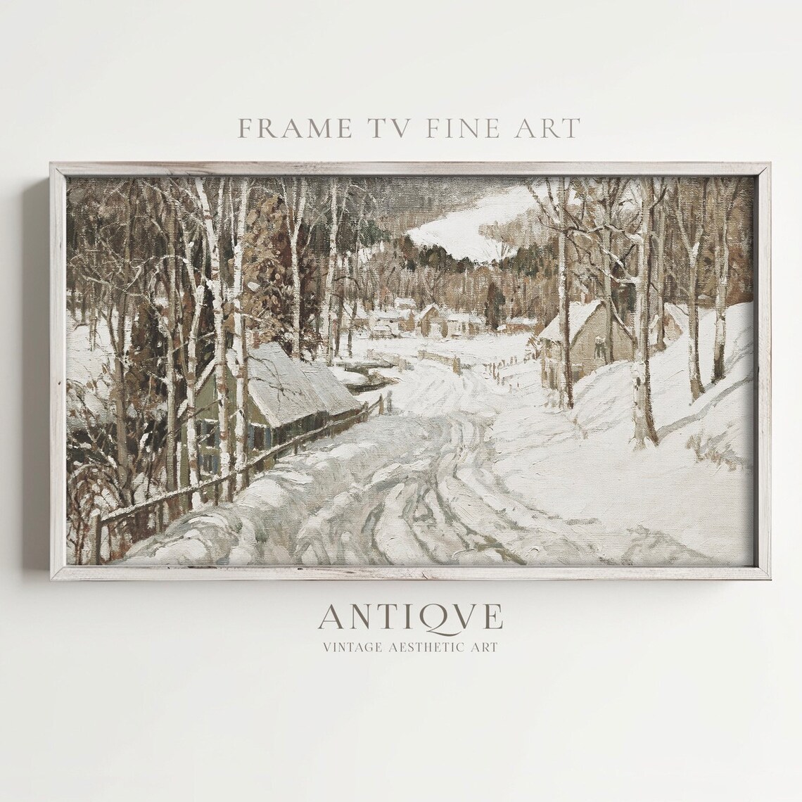 Snowy Village Road Vintage Winter Landscape Oil Painting Art Print - Image 2
