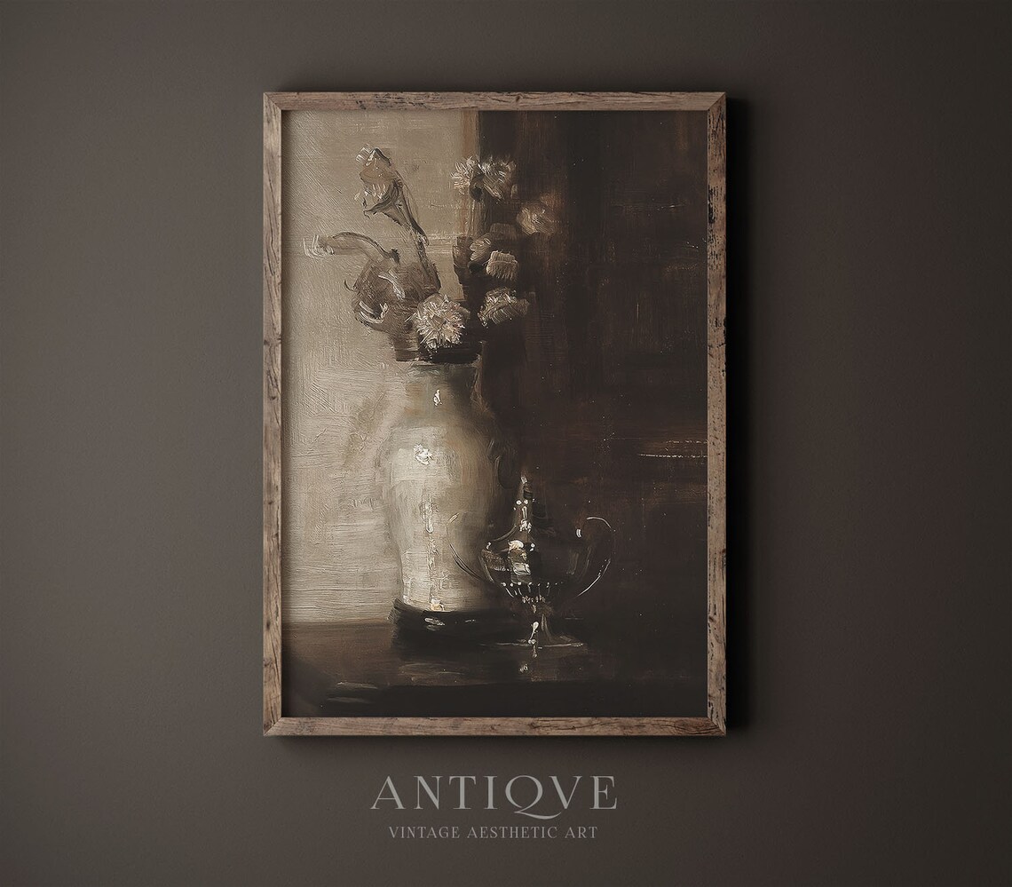 Moody Vintage Floral Still Life Cream Flowers In Vase Oil Painting Print Vintage Wall Art 798 - Image 4