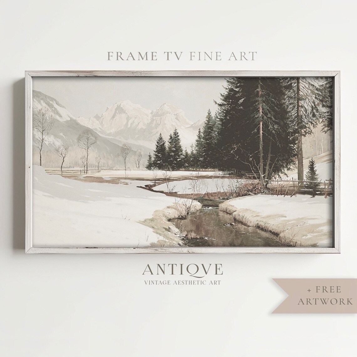 Snowy Mountain Stream with Pines Vintage Winter Landscape Art Print