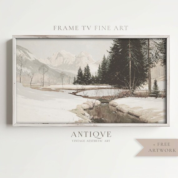 Snowy Mountain Stream with Pines Vintage Winter Landscape Art Print