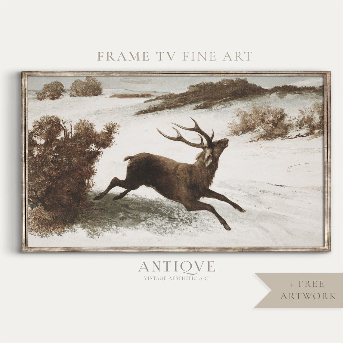 Leaping Stag in Snow Vintage Winter Wildlife Painting Art Print