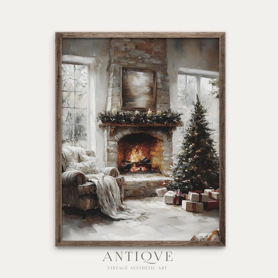Cozy Fireplace Room With Christmas Tree Gifts And Mantel Garland Poster