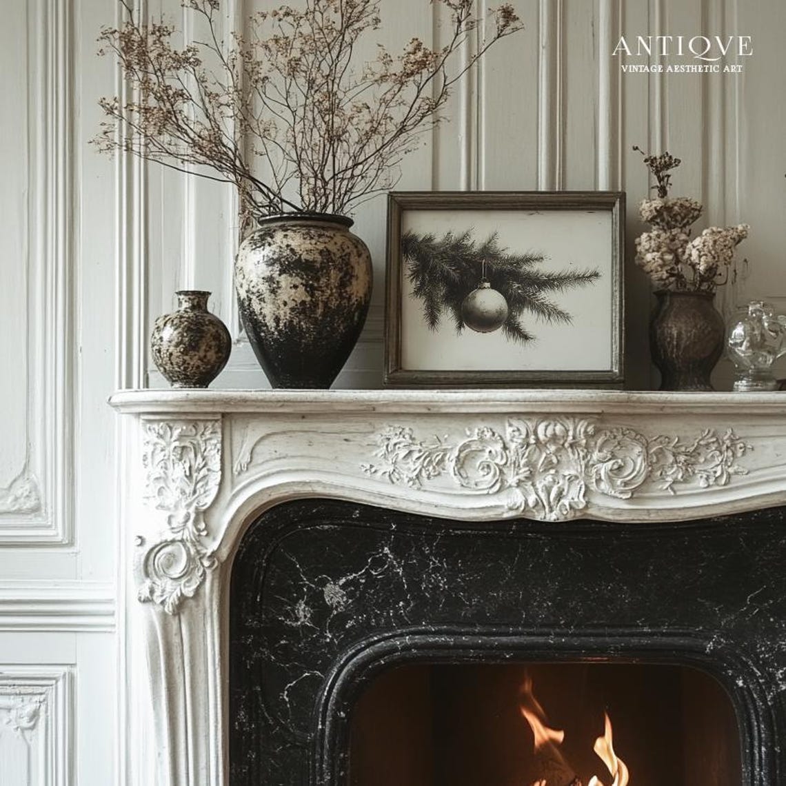 Silver Christmas Bauble on Pine Branch Neutral Sketch Wall Art - Image 2