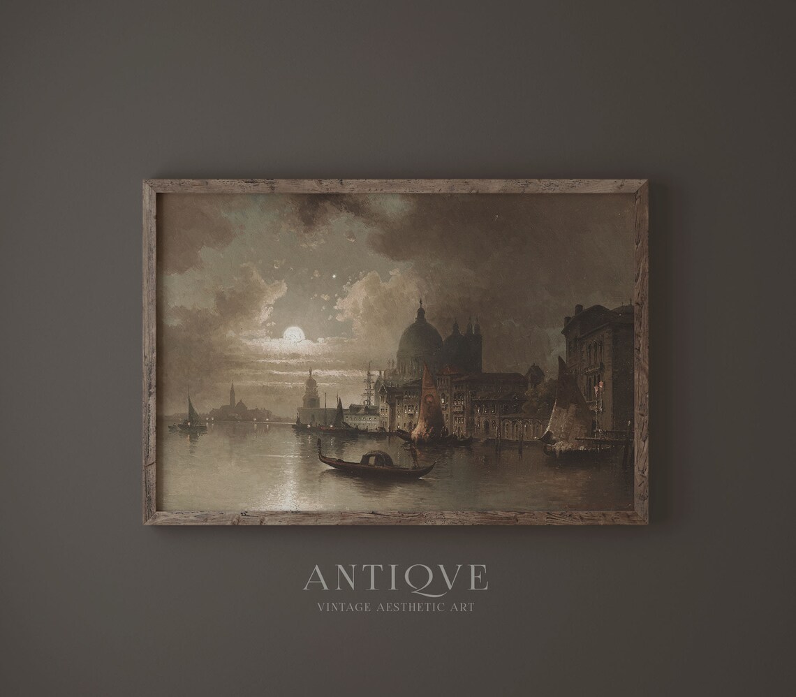 Moody Gondola Painting Venice Night Time Vintage Art Print - Image 3