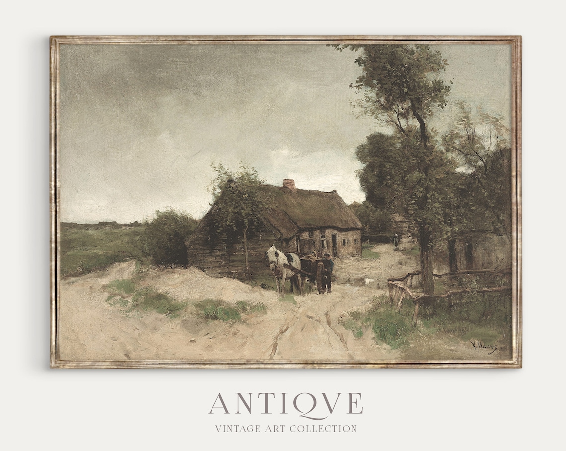 Anton Mauve Horse Cart At Thatched Cottage Antique Painting Poster