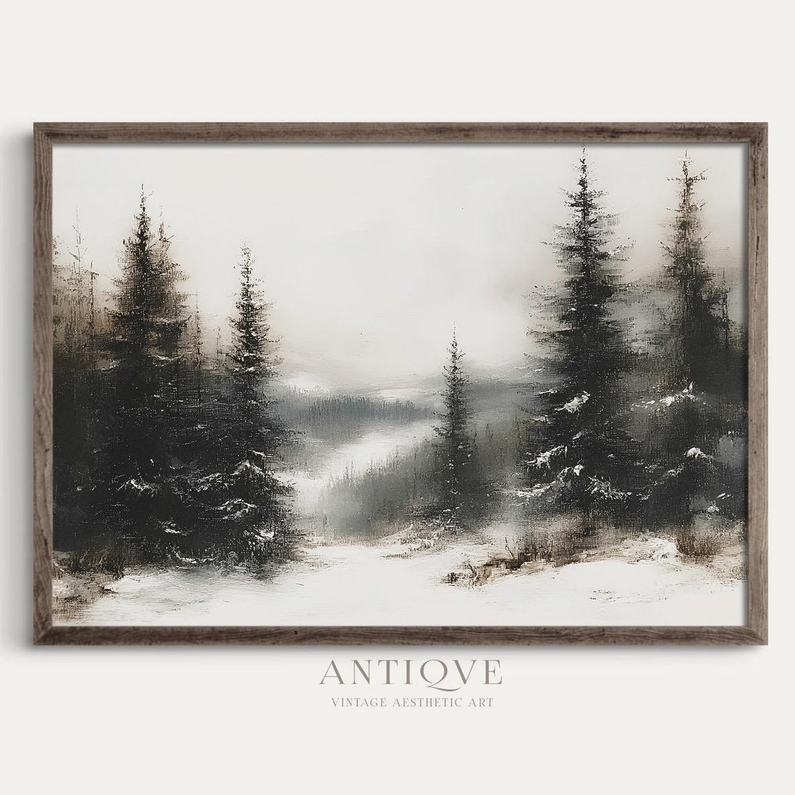 Black Pine Forest in Winter Fog Monochrome Moody Landscape Wall Art