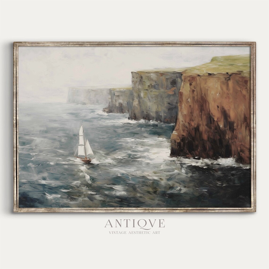 Sailboat In Irish Cliffs, St Patricks Coastal Art Print