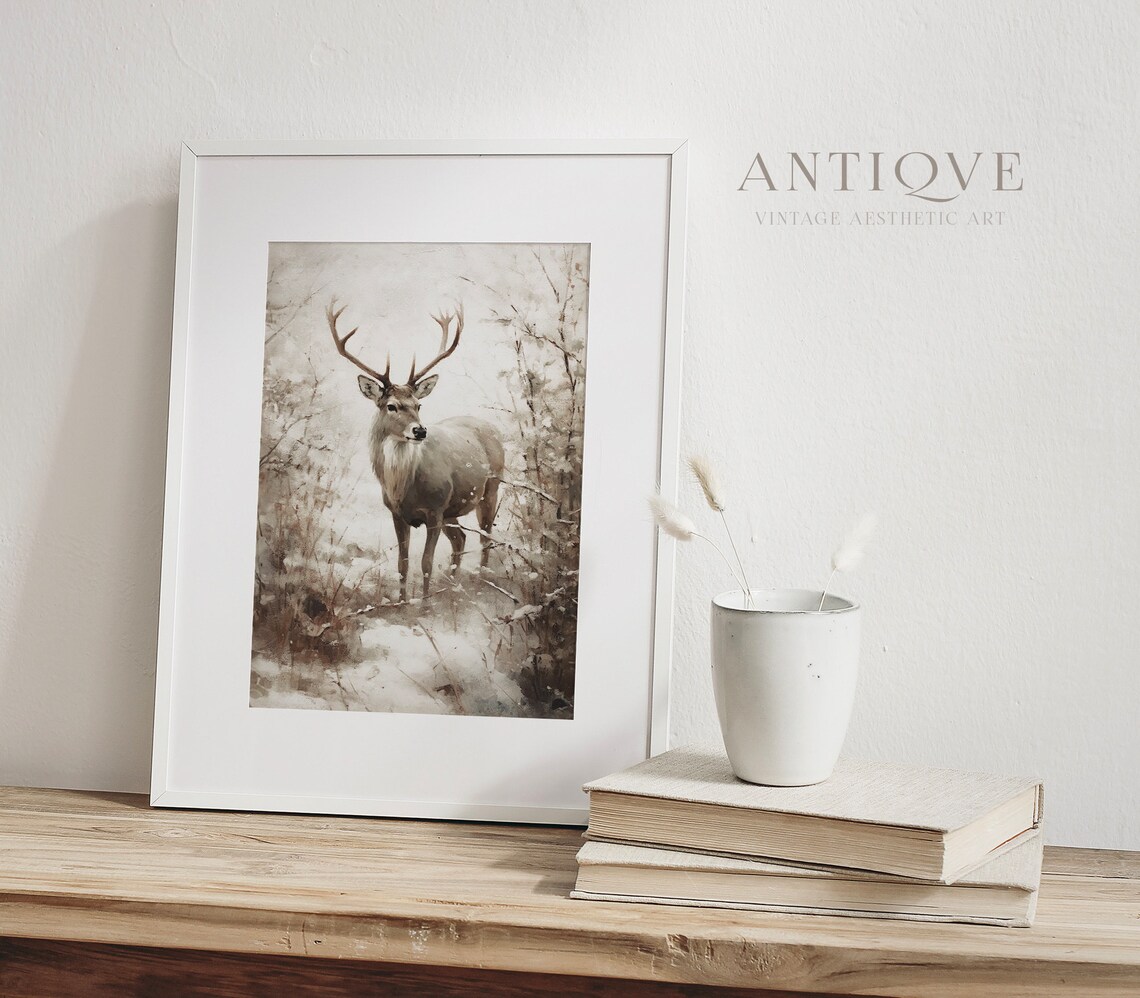 Winter Reindeer in the Snow, Rustic Christmas Art Print - Image 4