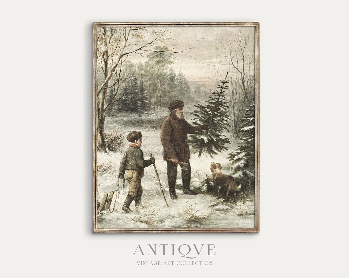 Vintage Christmas Family Art Print, Winter Home Decor