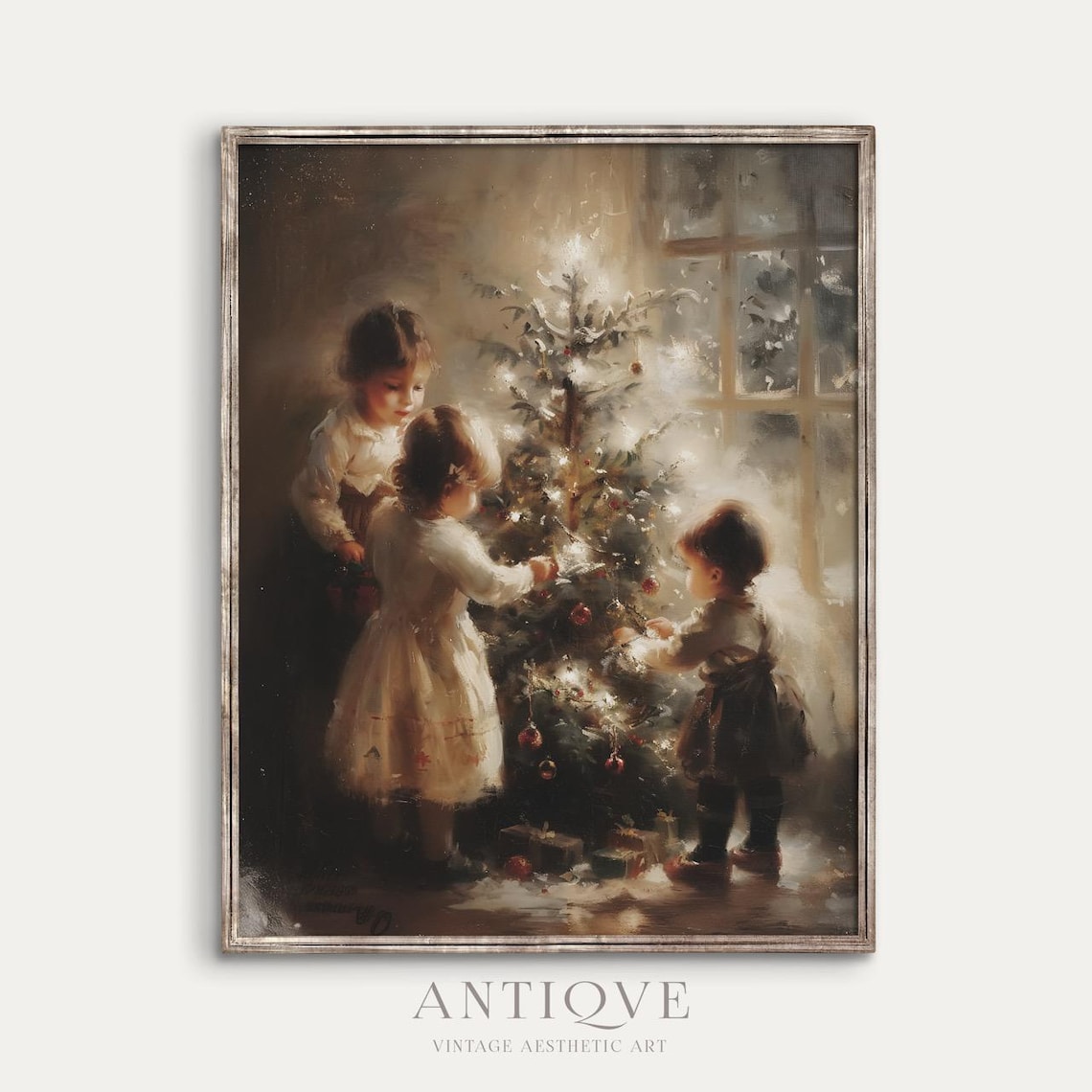 Children Decorating Christmas Tree, Winter Room Scene Art Print