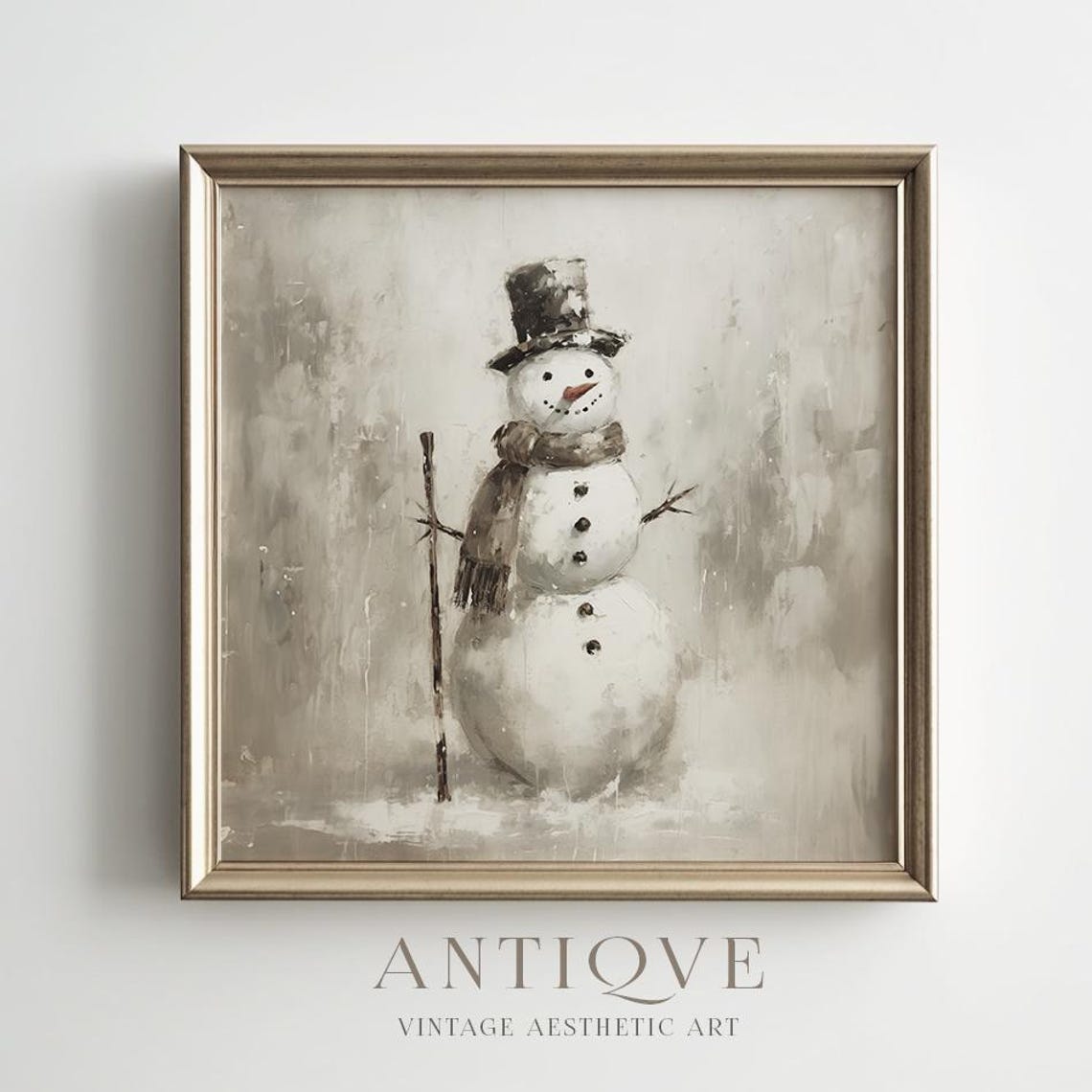 Cheerful Snowman with Top Hat Scarf Rustic Winter Painting Wall Art - Image 3