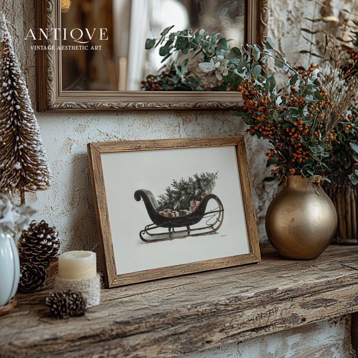 Vintage Sleigh With Christmas Tree Art Print - Image 2