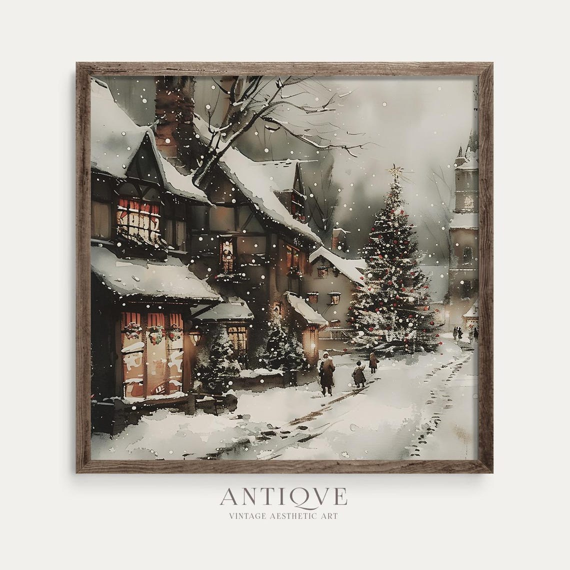 Christmas Village Street With Big Lit Tree At Night Snow Art Poster