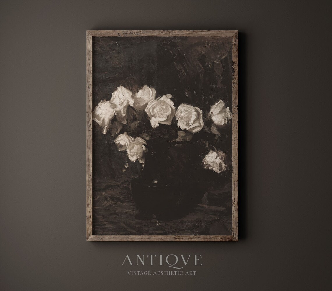 Moody Still Life Oil Painting, Vintage White Roses Art - Image 3