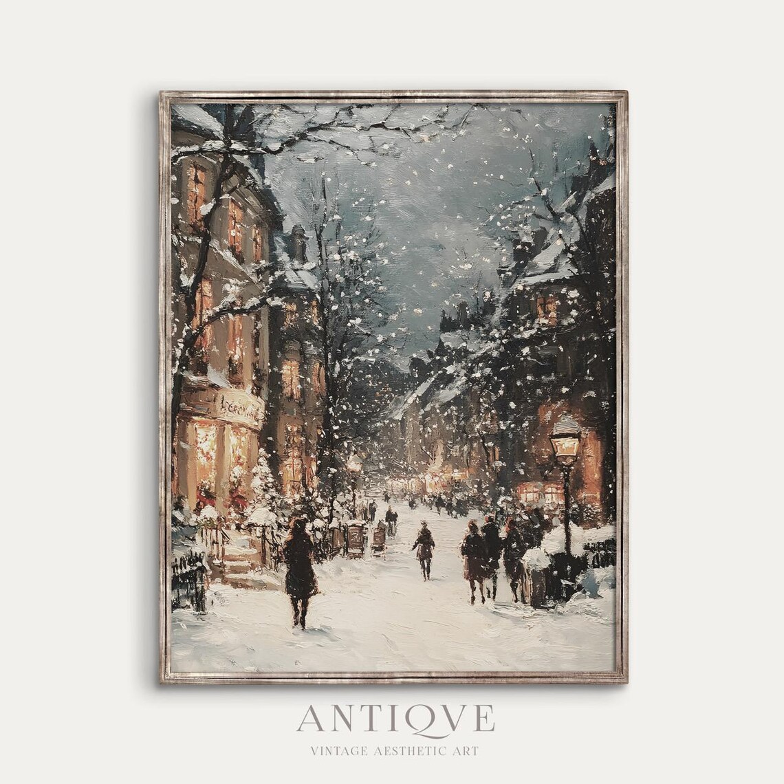 Snowy Busy Village Street, Winter Christmas Decor