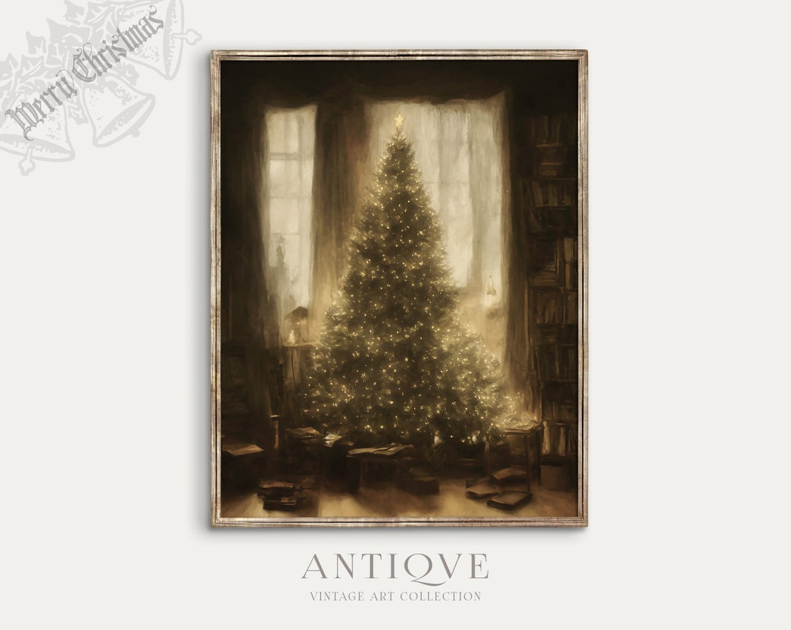 Glowing Christmas Tree In Dark Library Moody Holiday Painting Poster - Image 2