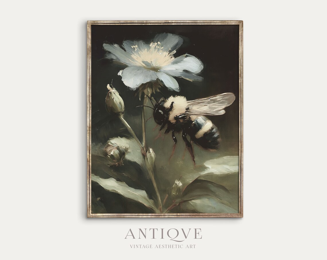 Bee On A Flower Antique Floral Art Print