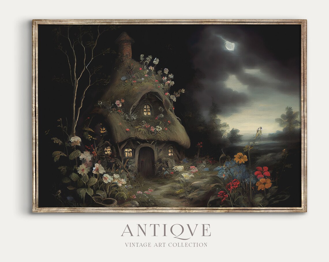 Magical Thatched Cottage Moody Vintage Art Print