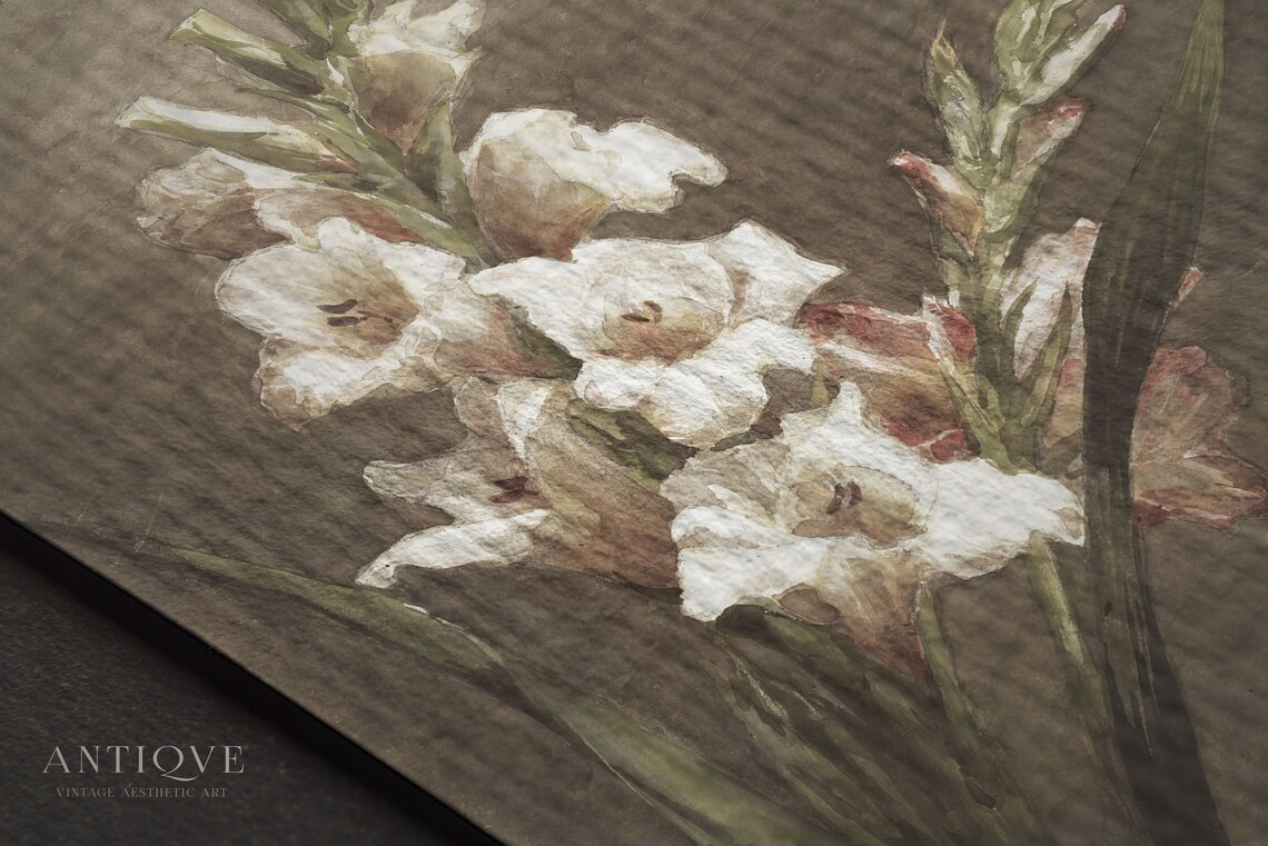 White Gladiolus Blooms Vintage Botanical Floral Painting Print - Image 4