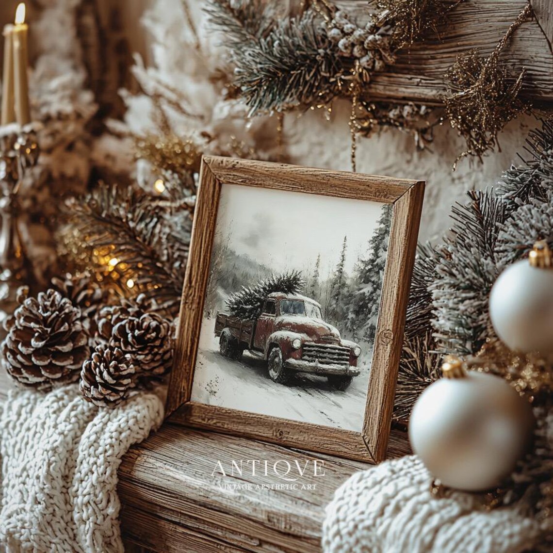 Vintage Red Truck Carrying Christmas Tree In Snow Winter Art Poster - Image 2