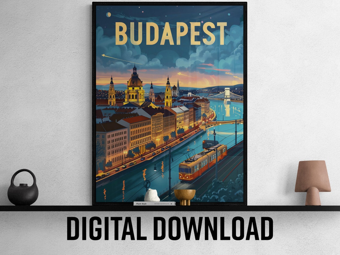 Budapest Glowing Danube Night Basilica Tram Bridge Travel Poster - Image 2