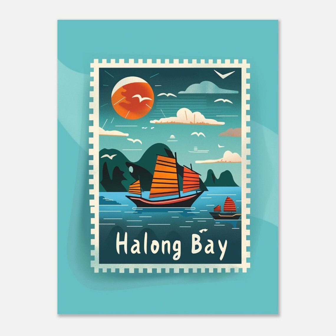 Halong Bay Vietnam Junk Boats Limestone Karsts Stamp Travel Poster - Image 2