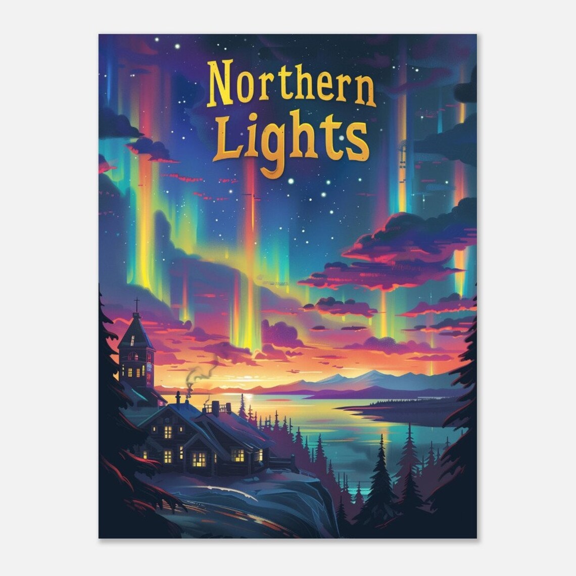 Northern Lights Aurora Cabin Lake Snowy Pines Night Sky Travel Poster - Image 2
