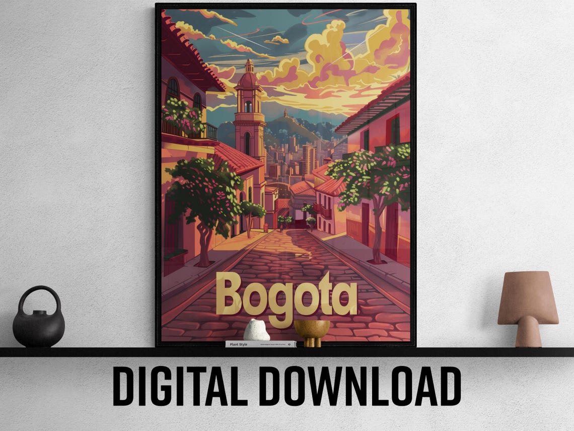Bogota Colombia Sunset Cobblestone Hill Bell Tower Travel Poster