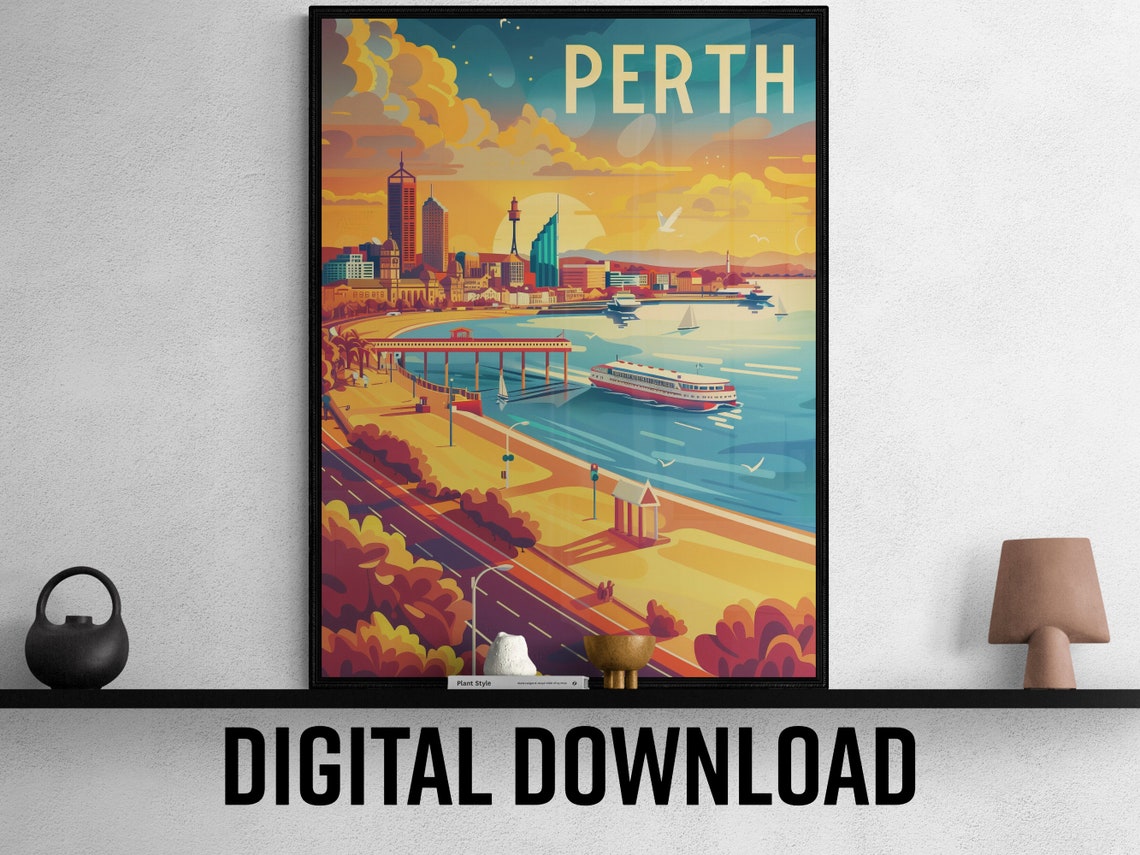Perth Golden Sunny Sunset Waterfront Skyline Beach Travel Poster
